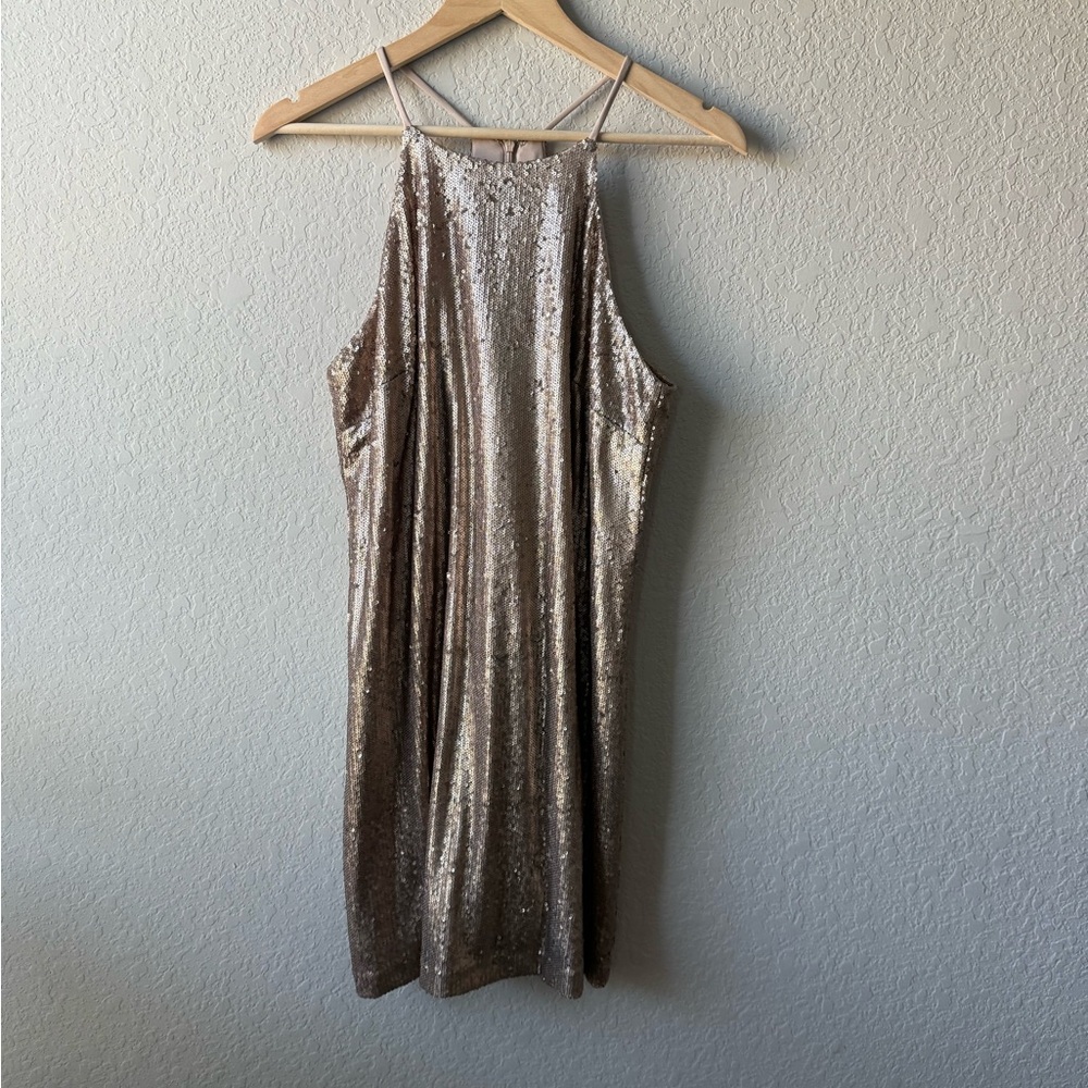 H By‎ Halston Full Sequins Halter Mini Cocktail Rose Gold Dress Size 8
